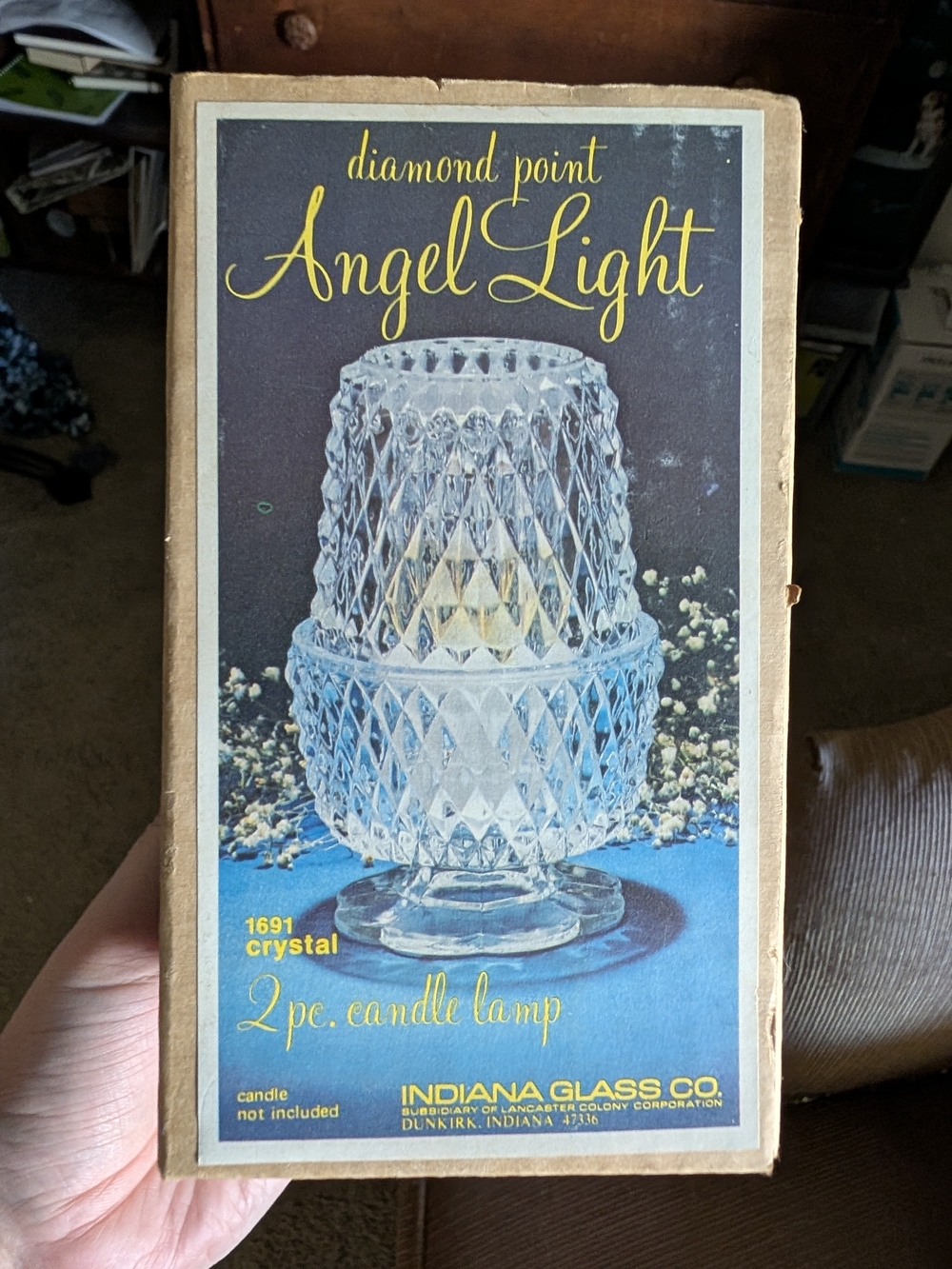 Indiana Glass Clear Diamond Point Fairy Lamp With Box